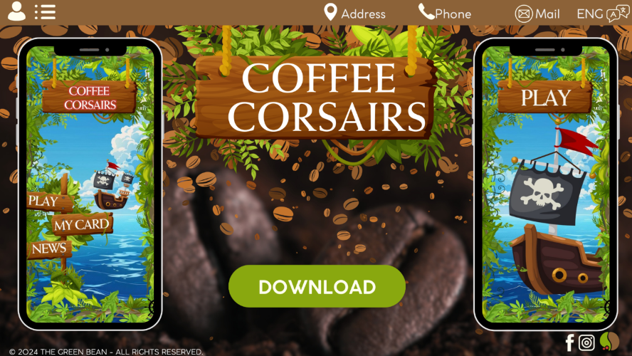 Schermate dell’app di gamification Coffee Corsairs con mockup mobile a tema piratesco, ambientazione naturale e invito al download.